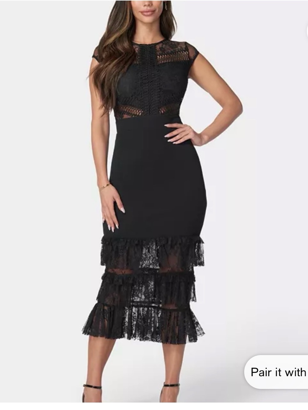 bebe Elegant Black Lace Tiered Midi Dress Large, New,